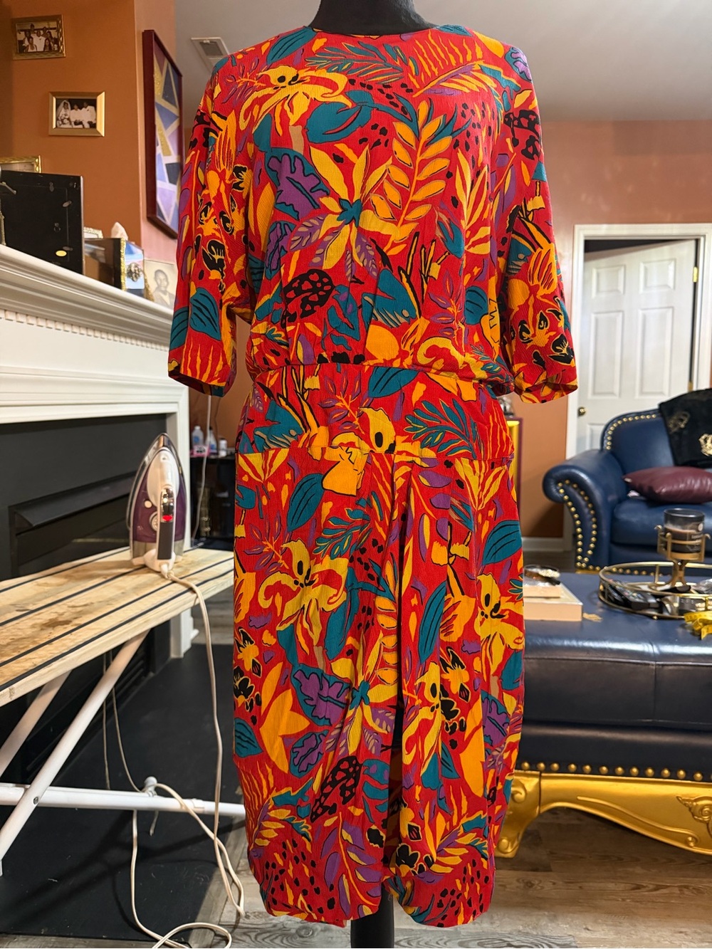 Vintage CHAUS Vibrant Tropical Print Midi Jumpsuit in Red